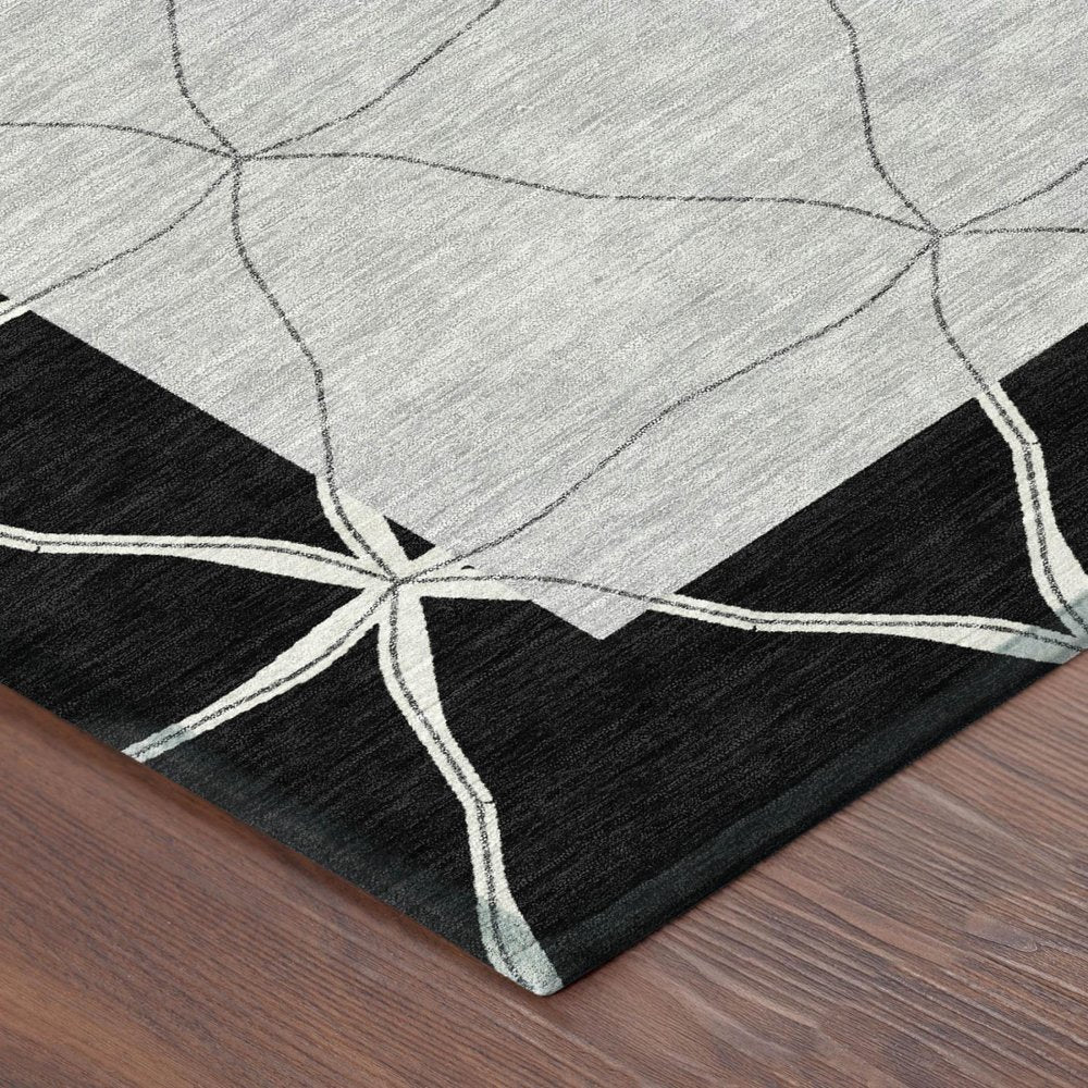 8' Black And Silver Round Geometric Washable Indoor Outdoor Area Rug — view 2