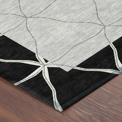 8' Black And Silver Round Geometric Washable Indoor Outdoor Area Rug