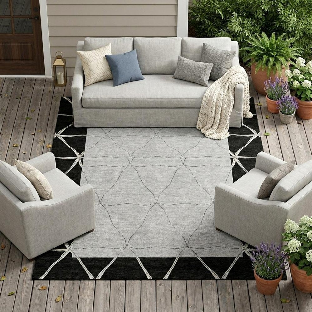 9' X 12' Black And Silver Geometric Washable Indoor Outdoor Area Rug — view 5