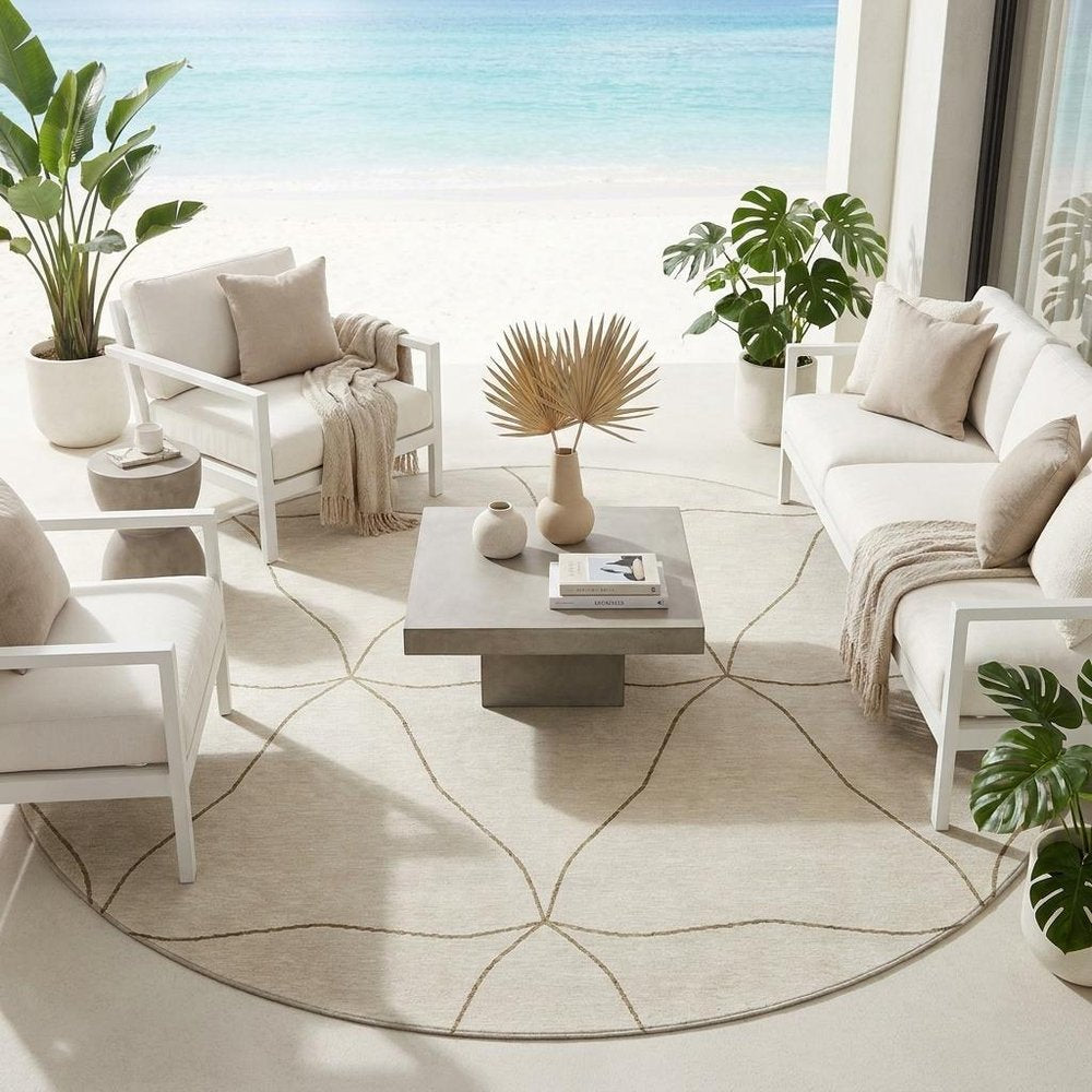 8' Coffee And Brown Round Geometric Washable Indoor Outdoor Area Rug — view 5