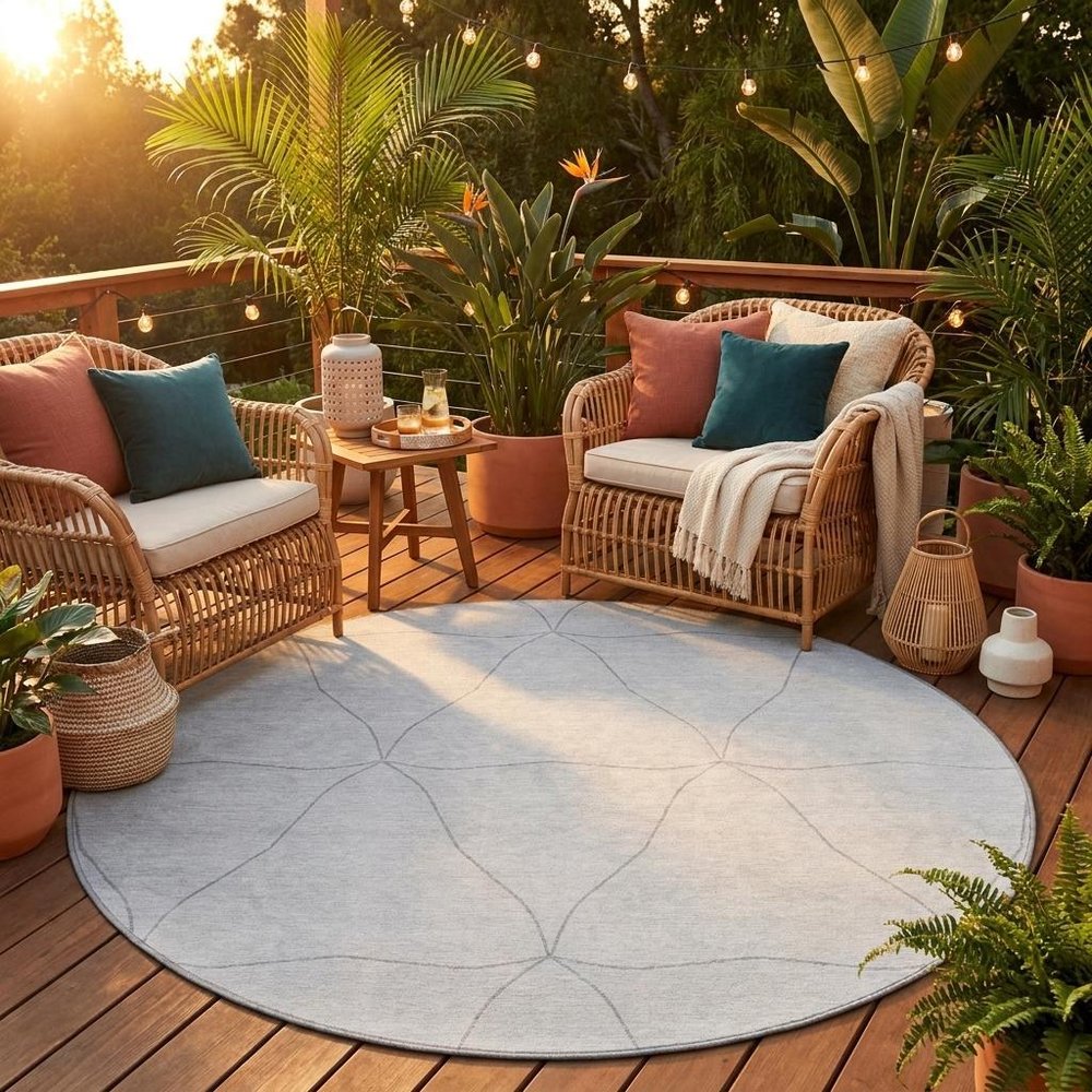 8' Graphite And Gray Round Geometric Washable Indoor Outdoor Area Rug