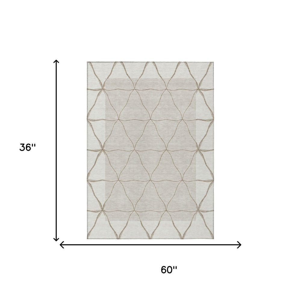 3' X 5' Ivory And Taupe Geometric Washable Indoor Outdoor Area Rug — view 4
