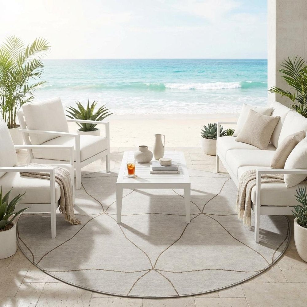 8' Ivory And Taupe Round Geometric Washable Indoor Outdoor Area Rug — view 5