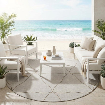8' Ivory And Taupe Round Geometric Washable Indoor Outdoor Area Rug HomeRoots