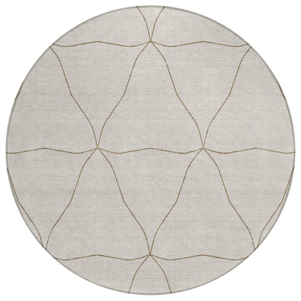 8' Ivory And Taupe Round Geometric Washable Indoor Outdoor Area Rug — view 1