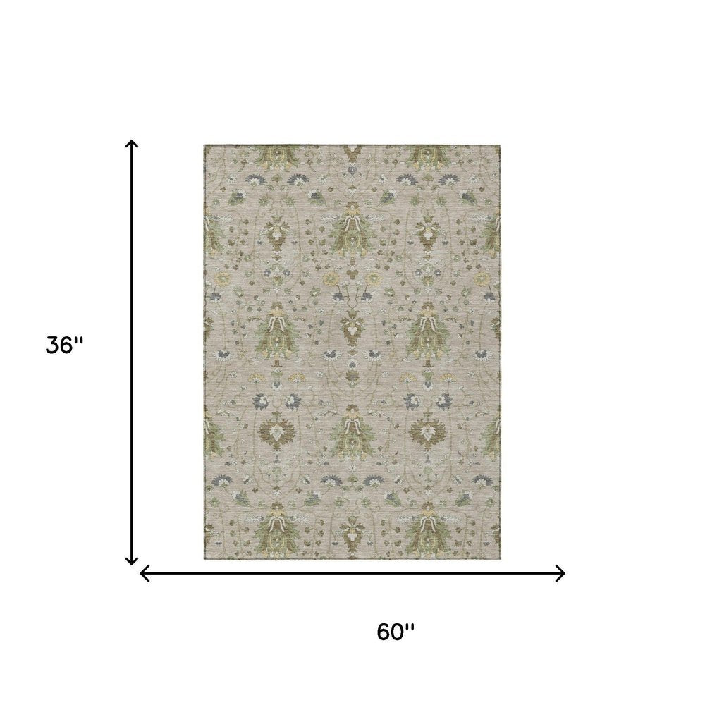 3' X 5' Beige And Brown Oriental Washable Indoor Outdoor Area Rug — view 4