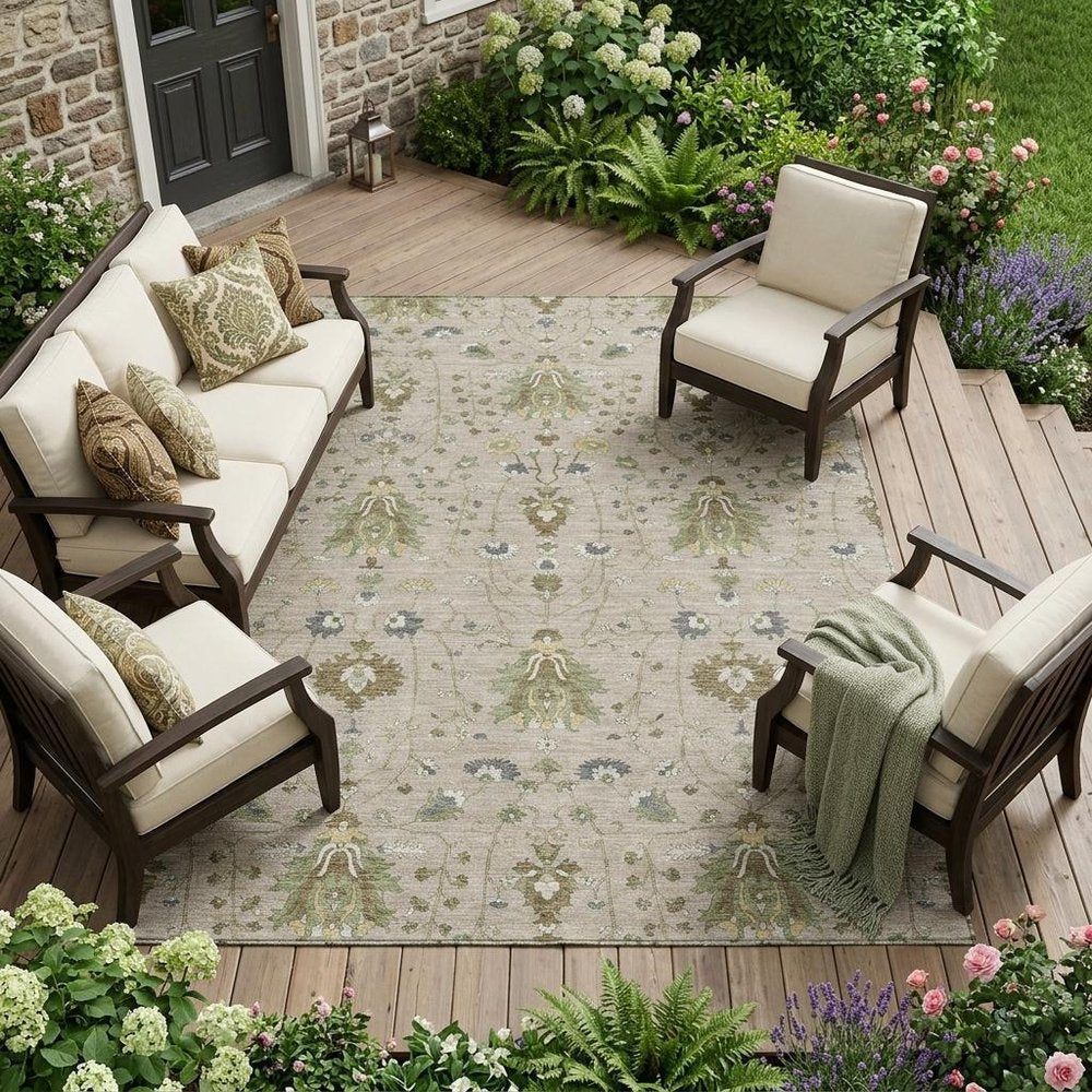 9' X 12' Beige And Brown Oriental Washable Indoor Outdoor Area Rug — view 5