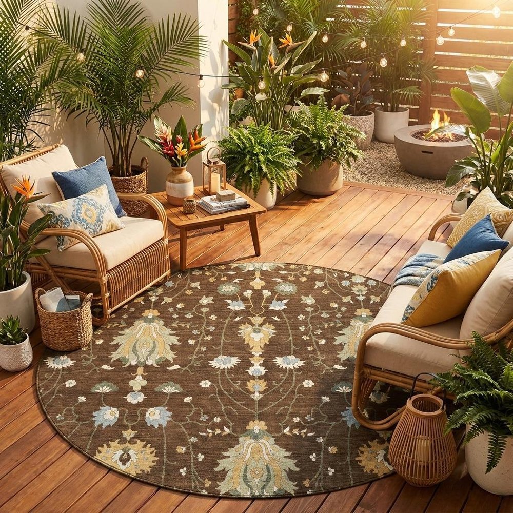 8' Chocolate And Brown Round Oriental Washable Indoor Outdoor Area Rug — view 5