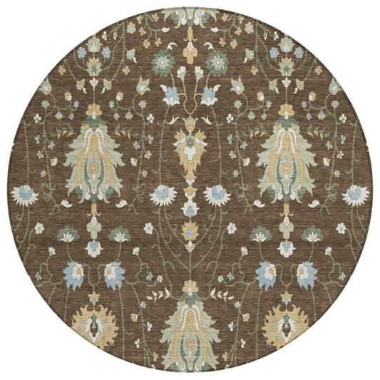 8' Chocolate And Brown Round Oriental Washable Indoor Outdoor Area Rug