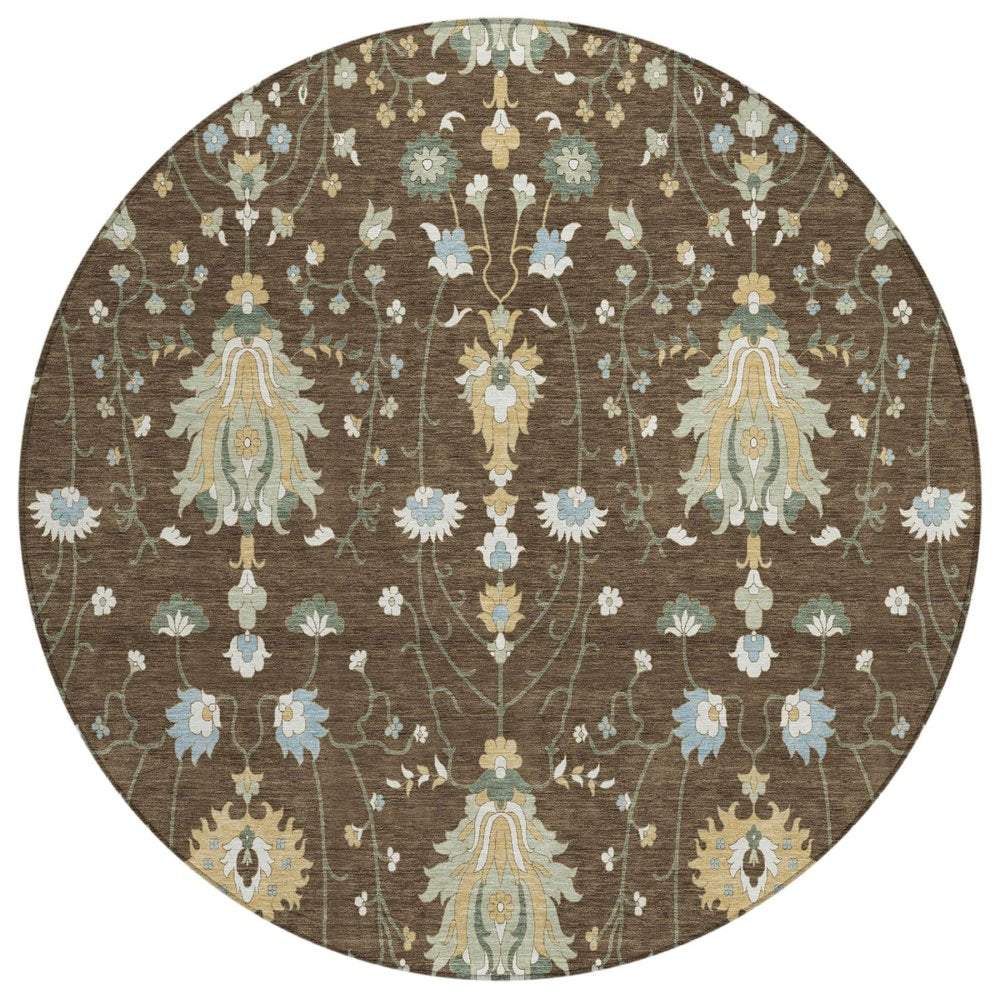 8' Chocolate And Brown Round Oriental Washable Indoor Outdoor Area Rug HomeRoots