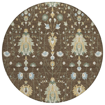 8' Chocolate And Brown Round Oriental Washable Indoor Outdoor Area Rug HomeRoots
