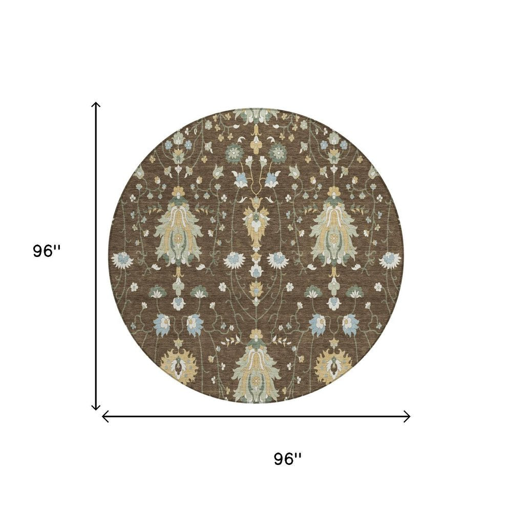 8' Chocolate And Brown Round Oriental Washable Indoor Outdoor Area Rug HomeRoots