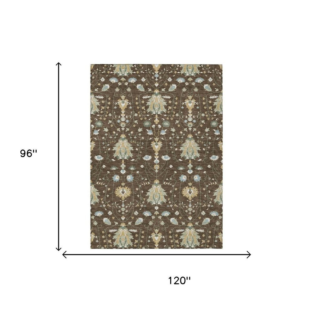8' X 10' Chocolate And Brown Oriental Washable Indoor Outdoor Area Rug — view 4