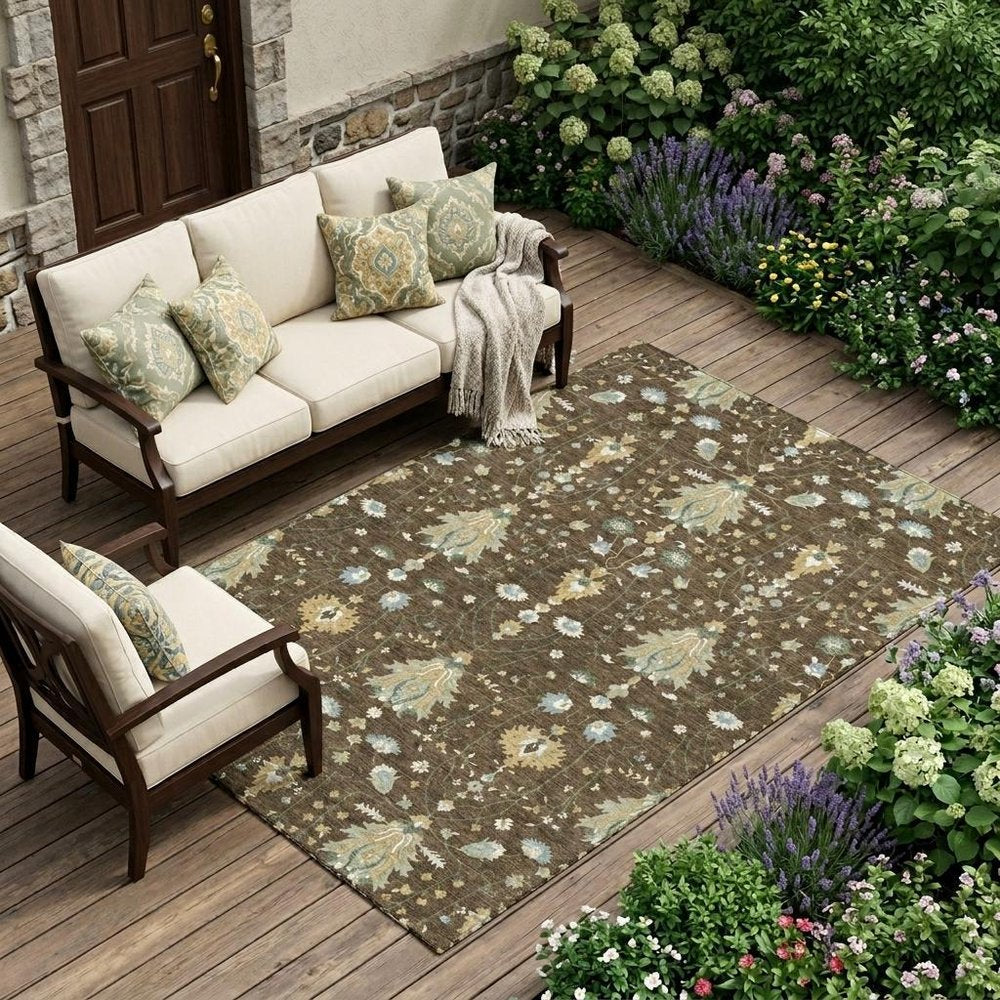10' X 14' Chocolate And Brown Oriental Washable Indoor Outdoor Area Rug