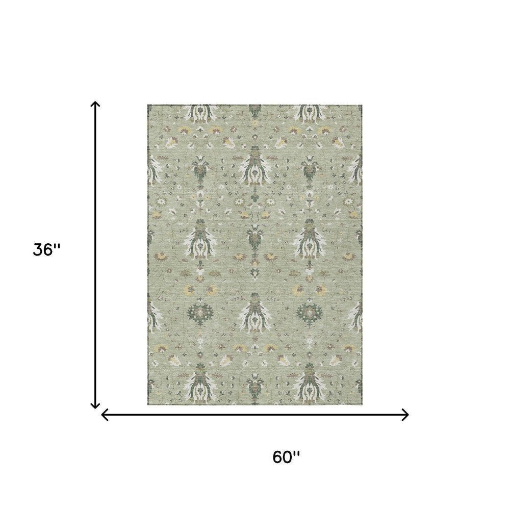 3' X 5' Green And Beige Oriental Washable Indoor Outdoor Area Rug HomeRoots