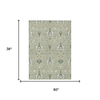 3' X 5' Green And Beige Oriental Washable Indoor Outdoor Area Rug HomeRoots