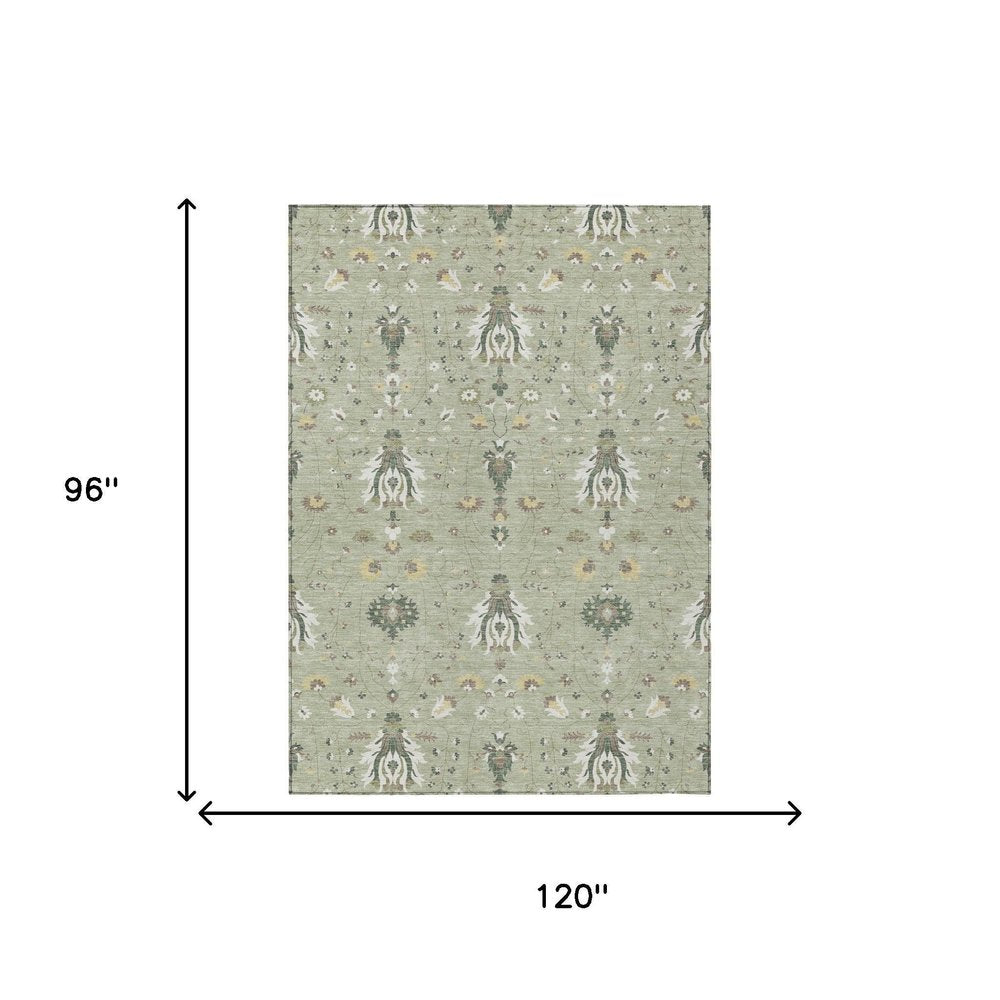 8' X 10' Green And Beige Oriental Washable Indoor Outdoor Area Rug — view 4