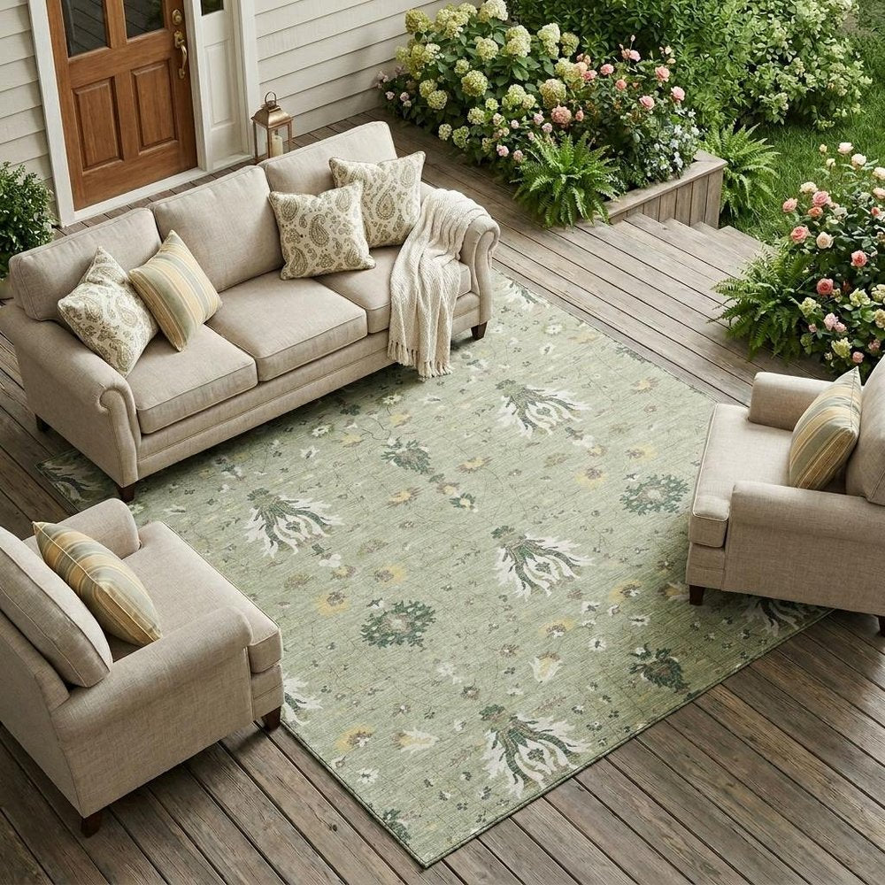 8' X 10' Green And Beige Oriental Washable Indoor Outdoor Area Rug HomeRoots