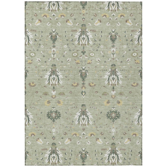 8' X 10' Green And Beige Oriental Washable Indoor Outdoor Area Rug