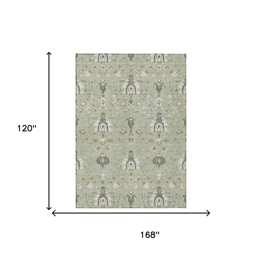 10' X 14' Green And Beige Oriental Washable Indoor Outdoor Area Rug — view 4