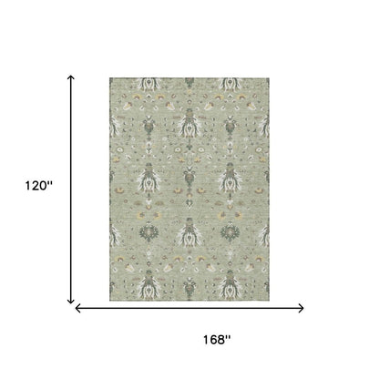 10' X 14' Green And Beige Oriental Washable Indoor Outdoor Area Rug