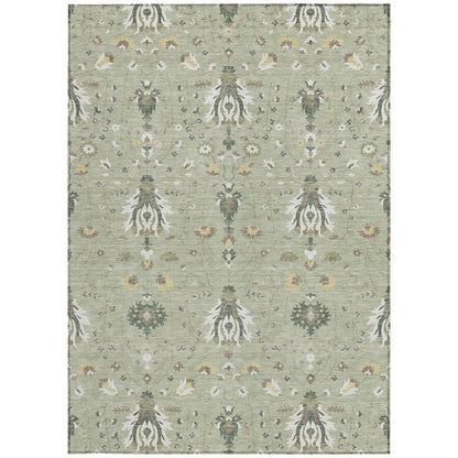 10' X 14' Green And Beige Oriental Washable Indoor Outdoor Area Rug