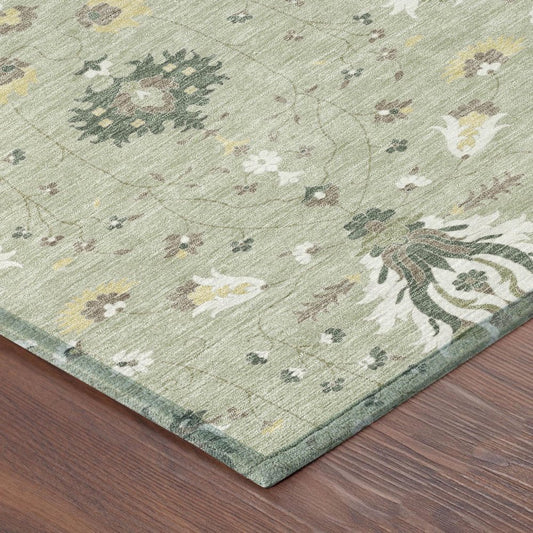 10' X 14' Green And Beige Oriental Washable Indoor Outdoor Area Rug