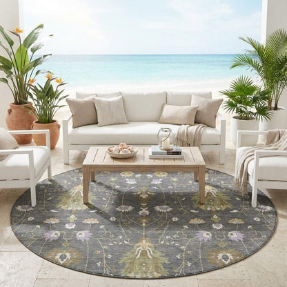 8' Gray And Graphite Round Oriental Washable Indoor Outdoor Area Rug