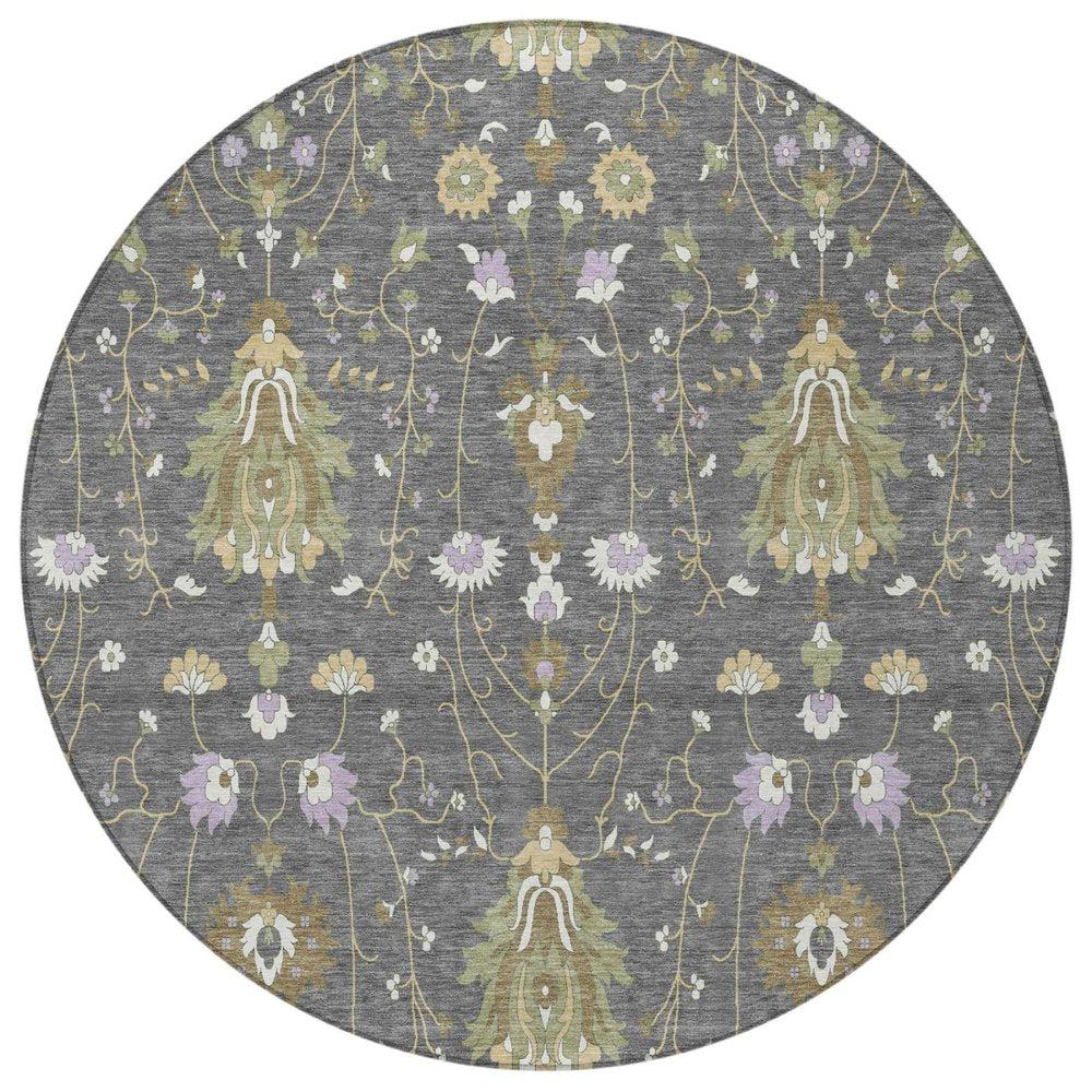 8' Gray And Graphite Round Oriental Washable Indoor Outdoor Area Rug
