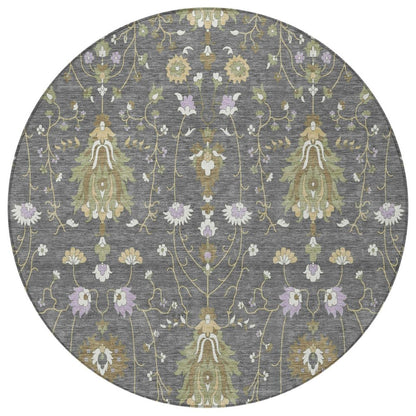 8' Gray And Graphite Round Oriental Washable Indoor Outdoor Area Rug
