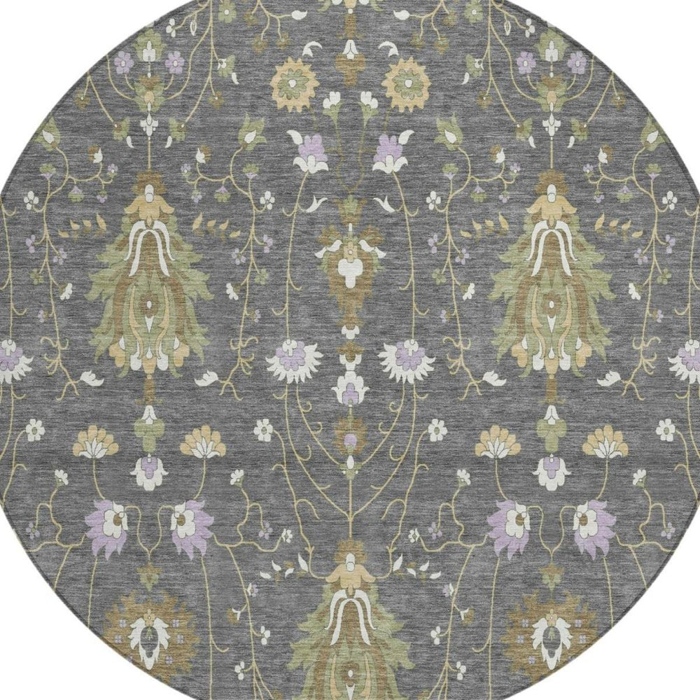 8' Gray And Graphite Round Oriental Washable Indoor Outdoor Area Rug