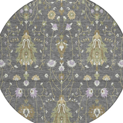 8' Gray And Graphite Round Oriental Washable Indoor Outdoor Area Rug