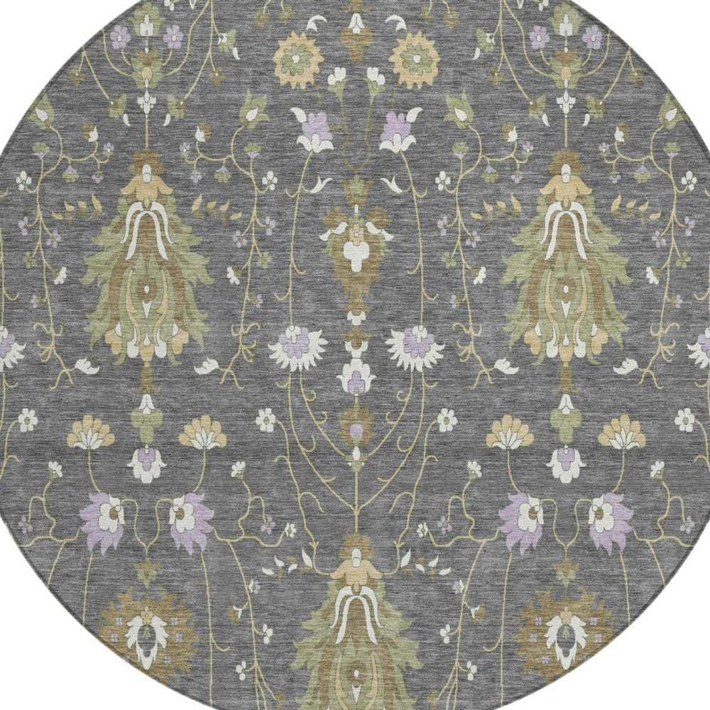 8' Gray And Graphite Round Oriental Washable Indoor Outdoor Area Rug — view 9