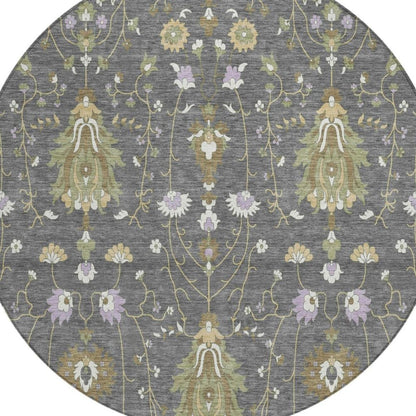 8' Gray And Graphite Round Oriental Washable Indoor Outdoor Area Rug