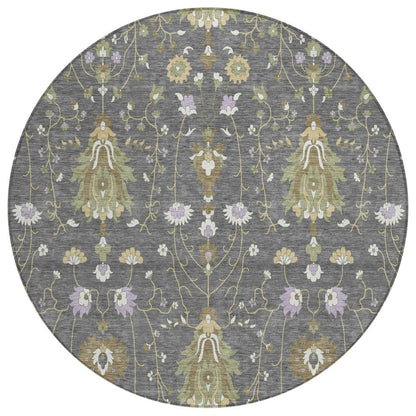 8' Gray And Graphite Round Oriental Washable Indoor Outdoor Area Rug HomeRoots