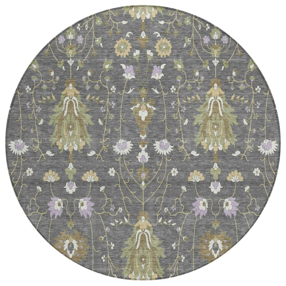 8' Gray And Graphite Round Oriental Washable Indoor Outdoor Area Rug