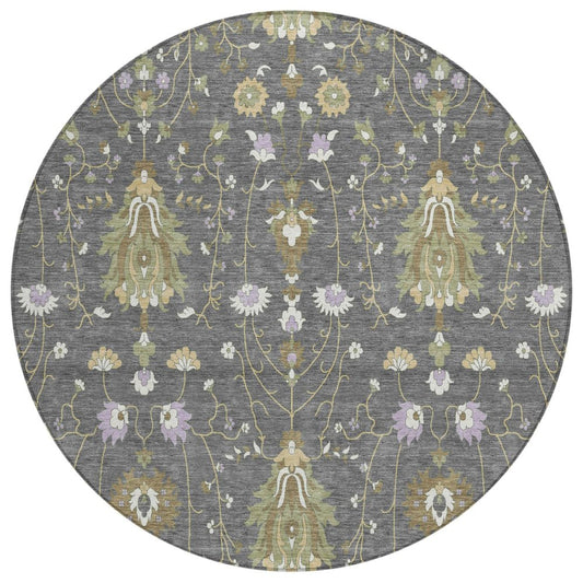 8' Gray And Graphite Round Oriental Washable Indoor Outdoor Area Rug