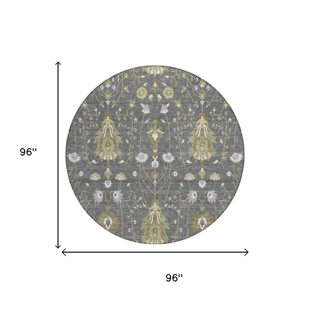 8' Gray And Graphite Round Oriental Washable Indoor Outdoor Area Rug