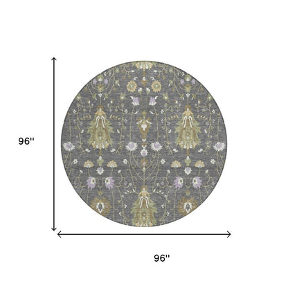 8' Gray And Graphite Round Oriental Washable Indoor Outdoor Area Rug