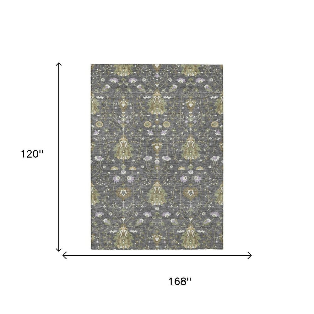 10' X 14' Gray And Graphite Oriental Washable Indoor Outdoor Area Rug — view 4