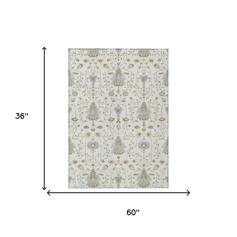 3' X 5' Ivory And Silver Oriental Washable Indoor Outdoor Area Rug HomeRoots