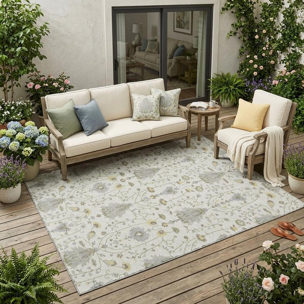 5' X 8' Ivory And Silver Oriental Washable Indoor Outdoor Area Rug — view 5