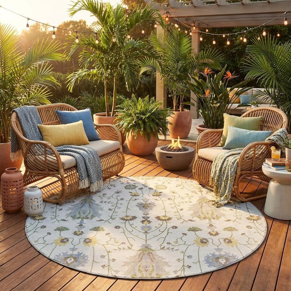 8' Ivory And Silver Round Oriental Washable Indoor Outdoor Area Rug — view 5