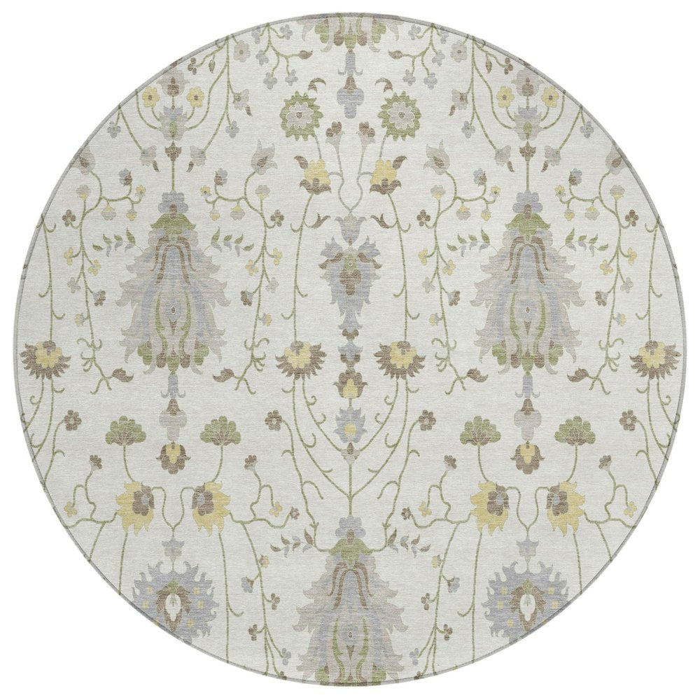 8' Ivory And Silver Round Oriental Washable Indoor Outdoor Area Rug HomeRoots