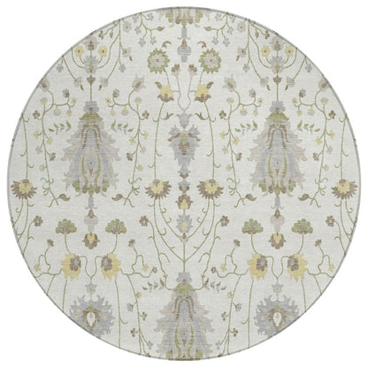 8' Ivory And Silver Round Oriental Washable Indoor Outdoor Area Rug HomeRoots
