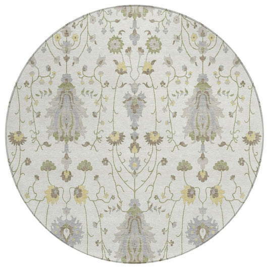 8' Ivory And Silver Round Oriental Washable Indoor Outdoor Area Rug