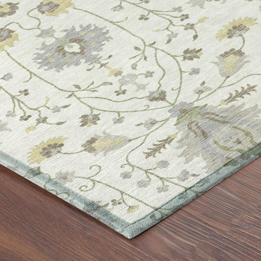8' Ivory And Silver Round Oriental Washable Indoor Outdoor Area Rug