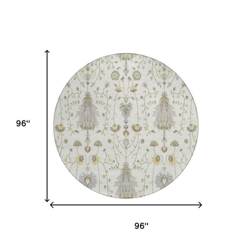 8' Ivory And Silver Round Oriental Washable Indoor Outdoor Area Rug — view 4