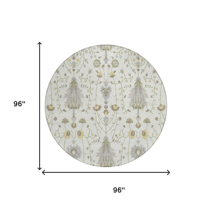 8' Ivory And Silver Round Oriental Washable Indoor Outdoor Area Rug HomeRoots