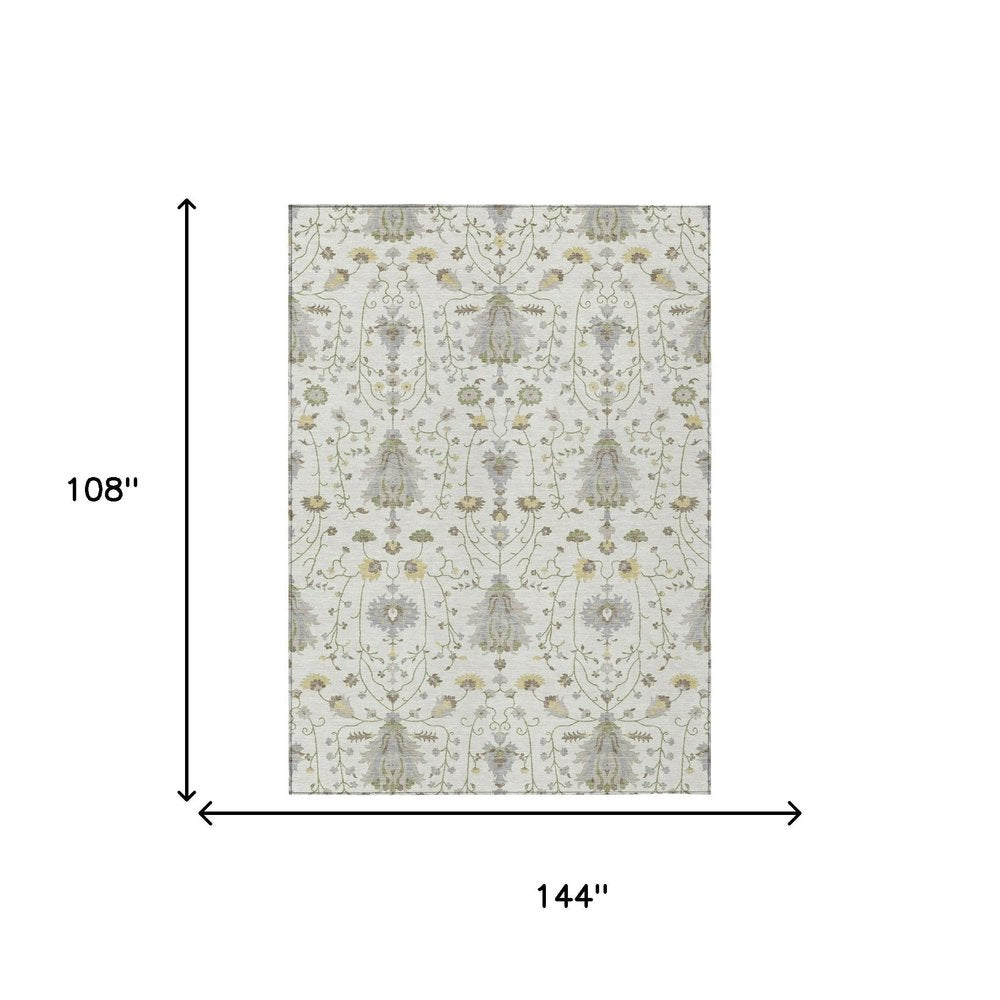 9' X 12' Ivory And Silver Oriental Washable Indoor Outdoor Area Rug